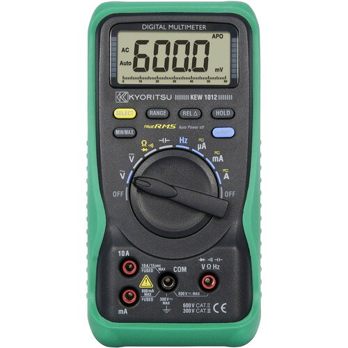 ★特徴★ 多機能型DMMです。最小値/最大値の記録ができるMIN/MAX機能付です。測定変位を表示するREL機能付です。DUTY測定機能付です。オートレンジ、マニュアルレンジの切替が可能です。 ★用途★ 電気工事全般。 ★商品スペック★ 仕様・規格 直流電圧(V)：600 交流電圧(V)：600 直流電流(A)：10 交流電流(A)：10 抵抗(Ω)：60M 検波方式：真の実効値整流(RMS) 直流電流(mA)：600 交流電流(mA)：600 電源(V)：単3乾電池(R6P)×2本(付属) 幅(mm)：82 奥行(mm)：50 高さ(mm)：161 電源：単3乾電池(R6P)×2本(付属) 最大表示(カウント)：6040 仕様・規格2 オートパワーオフ：約15分 入数 1台 質量・質量単位 290g 製造国 中国 品番 KEW1012 JANコード 4560187060731 メーカー名 共立電気計器（株）