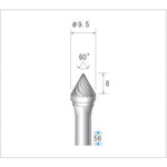 ★特徴★ ハードな作業にも優れた耐久性を発揮し、滑らかな切削加工を可能にした高品質の超硬カッターです。 ★用途★ 重切削から仕上げ切削まで、面取りやバリ取り等幅広い加工に。一般鋼材、各種合金鋼、ステンレス鋼、焼き入れ鋼、非鉄合金、耐熱合金、鋳鉄、エンプラなどに適します。 ★商品スペック★ 仕様・規格 形状：テーパー(ダブルカット) 刃径(mm)：9.5 刃長(mm)：8 軸径(mm)：6 全長(mm)：56 最高使用回転数(rpm)：30000 オール超硬/ロー付：ロー付 角度(°)：60 仕様・規格2 入数：1本 入数 1本 注意事項 安全のため、保護メガネなど、保護具を必ず着用してください。 最高使用回転速度以下で使用してください。 質量・質量単位 22g 製造国 日本 品番 26212 JANコード 4560264447349 メーカー名 （株）ナカニシ