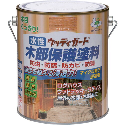 ★特徴★ マイクロ粒子浸透型の新しい微臭の水性木部保護塗料です。木材の防虫・防腐・防かび・防藻効果に優れ、木材に浸透して内部から木の腐食を防ぎます。耐候性に優れたマイクロ粒子浸透型顔料の採用で、木目がよりくっきりキレイな仕上がりになります。日光による木の焼けを防ぐために、紫外線吸収剤を配合し色アセ・劣化を防止します。(UVカット)自然にやさしい蜜蝋成分を配合し、はっ水効果があります。 ★用途★ ログハウス・ウッドデッキ・ラティス（木製フェンス）・ぬれ縁・門扉・板塀・雨戸・戸袋・ルーバーなど屋外の木部・木製品。 ★商品スペック★ 仕様・規格 容量(L)：1.6 乾燥時間：約2時間(夏30℃)、約4時間(冬10℃) 色：ライトオーク 塗布面積(［［M2］］)：約12 仕様・規格2 塗布面積：約12［［M2］］ 材質／仕上 合成樹脂（アルキド・アクリル）、顔料、木材防虫剤、防腐剤、防かび剤、防藻剤、水 入数 1缶 質量・質量単位 2000g 製造国 日本 品番 4976124532559 JANコード 4976124532559 メーカー名 ニッペホームプロダクツ（株）