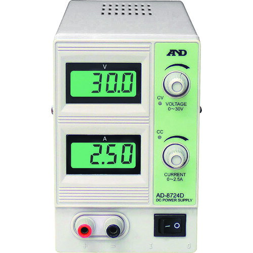 ★特徴★ バックライト付LCD表示です。定電圧、定電流源の2通りの使い方が可能です。場所を取らずに省スペースにおけるスリムタイプです。（幅95mm）30V、1.5Aの直流安定化電源です。 ★用途★ 研究開発、実験設備機器、学校教材、製造ライン、検査メンテナンスに。 ★商品スペック★ 仕様・規格 入力電圧(V)：AC100 出力電圧(V)：0〜30 出力電流(A)：0〜2.5 幅(mm)：95 奥行(mm)：235 高さ(mm)：150 仕様・規格2 回路方式：シリーズ方式 表示：3.5桁液晶デジタル表示(バックライト付) シリーズドロッパ方式 セット内容・付属品 電源ケーブル 出力ケーブル 取扱説明書 入数 1台 質量・質量単位 3.900kg 製造国 中国 品番 AD8724D JANコード 4981046417815 メーカー名 （株）エー・アンド・デイ