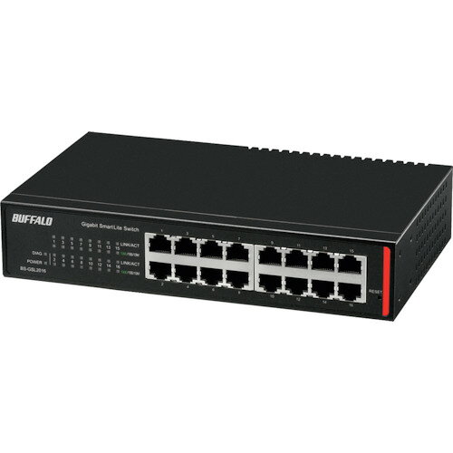 ★特徴★ 全ポートGiga対応のスマートLiteスイッチ 複数のネットワークを構築できるVLAN機能に対応 直感的な操作が可能、Web設定画面に対応 通信の優先制御を行う多彩なQoS(Quality of Service)機能搭載 ネットワーク機器の統合管理を実現するネットワーク管理ソフトウェア対応 インターネットマンションモードを搭載 全商品ファンレス筐体採用により高い静音性を実現 全商品ACアダプター不要の電源内蔵タイプ 安定したネットワーク稼働を実現、高信頼設計 動作保証温度50度 ★商品スペック★ 仕様・規格 縦(mm)：130 横(mm)：215 コネクタ：RJ-45 動作温度範囲(℃)：0〜50 10/100/1000BaseT(X)(ポート数)：16 幅(mm)：215 奥行(mm)：130 高さ(mm)：43 仕様・規格2 16ポート 電源内蔵メタル筐体 セット内容・付属品 電源抜け防止対策バンド 入数 1台(1個) 質量・質量単位 1100g 製造国 中国 品番 BS-GSL2016 JANコード 4981254048092 メーカー名 （株）バッファロー