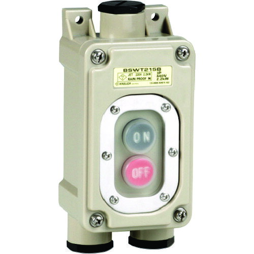 ★特徴★ 防雨形タイプです。保護構造IP65(JIS C 0920）です。電気用品安全法適合品です。 ★用途★ 動力用押ボタンスイッチON、OFF。 ★商品スペック★ 仕様・規格 ボタン数：2 ボタン文字：ON OFF 最大適用電動機容量：三相200/220V-2.2kW　三相400/440V-2.2kW 長さ(mm)：151 幅(mm)：66 高さ(mm)：56.6 端子ねじ：M4 適合電線(［［MM2］］)：2 付属文字板：ON　OFF 定格(A)：15 仕様・規格2 端子ねじM4 ボタン文字：ON　OFF 材質／仕上 ケース：ABS樹脂（5Y7/1相当） パッキン：エラストマー 入数 1個 質量・質量単位 270g 製造国 日本 品番 BSWT215B3 JANコード 4573137241449 メーカー名 春日電機（株）