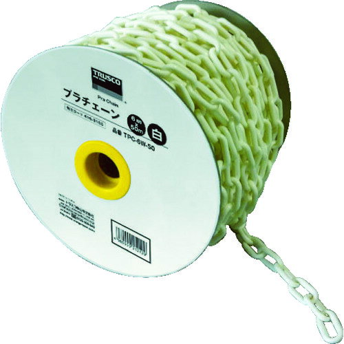★特徴★ プラスチック製で軽量タイプのチェーンです。使用場所に応じて必要な長さにカットできます。 ★商品スペック★ 仕様・規格 色：ホワイト 径(mm)：6 長さ(m)：50 材質／仕上 ポリエチレン（PE） 入数 1巻 注意事項 吊り下げ用には使用できません。 径は呼寸で表記しています。 提供不可：chemSHERPA 質量・質量単位 4.200kg 製造国 ベトナム 品番 TPC-6W-50 JANコード 4989999212129 メーカー名 トラスコ中山（株）