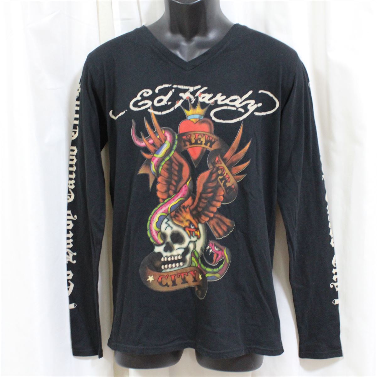 エドハーディー ed hardy メンズ長袖Tシャツ ブラック M03GTC326 NEW YORK CITY 新品 黒 Vネック