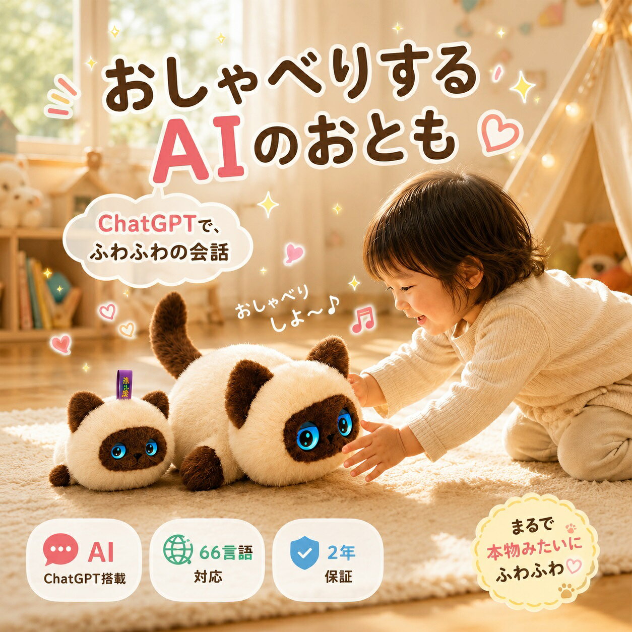 商品情報ご購入前にご確認ください本製品の使用にはWi-Fi環境およびスマートフォンへの専用アプリ（無料）のインストールが必要です。AIの回答は、大規模言語モデル（ChatGPT）に基づいています。常に100%正確な回答を保証するものではありません。本製品は製造・検品・梱包の工程を経て出荷しておりますが、製品の特性上、製造時や検品時にごく軽微な擦れ・小さなキズが見られる場合がございます。また、配送時の状況により、外箱やパッケージに多少のへこみ・擦れ・破れが生じる場合がございます。上記のような軽微な擦れ・小キズ・外箱の損傷につきましては、商品本体の使用に支障がない場合、製品特性および配送上発生し得る範囲内として正常品として取り扱いさせていただいております。あらかじめご了承ください。万が一、商品本体に破損や使用に支障がある不具合がございましたら、お手数ではございますが、商品到着後に当店までご連絡ください。確認のうえ、誠実に対応させていただきます。ai ぬいぐるみ 電子ペット 電動ロボット ぬいぐるみ ChatGPT搭載 AI会話 おしゃべりロボット 66言語対応 日本語 英語 子供 癒し コミュニケーション Type-C充電 アプリ連携 2年保証 プレゼント ギフト ＼2年保証／ AIペット 電子ペット 電動ロボット ぬいぐるみ ChatGPT搭載 おしゃべり 66言語対応 子供 知育 プレゼント 送料無料 商品スペックサイズ マスコット型：12x10cm / ぬいぐるみ型：35x26cm素材 ポリエステル100% / 高品質PP綿填充バッテリー 1200mAh (Type-C急速充電対応)接続環境 Tuya Smartアプリ (2.4GHz Wi-Fi専用 ※5GHz非対応) 5