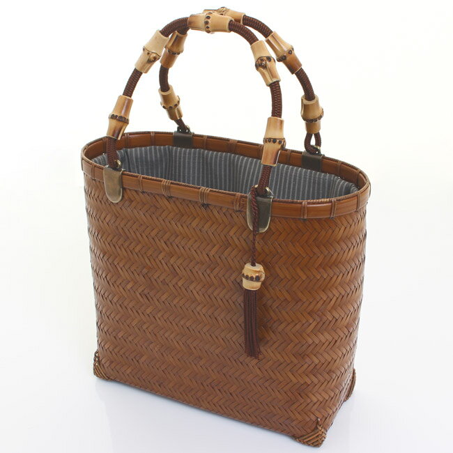 【送料弊社負担】竹籠バッグ　網代編み　楕円柱小1型　巾着:正絹紬〈太縞 グレー×シルバーグレー〉