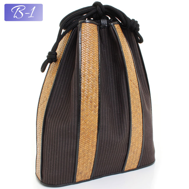 【送料弊社負担】天然籐網代(アジロ)編付正絹信玄袋　牛革付　6枚接ぎ　正絹紬　Ver.B〈2種類〉