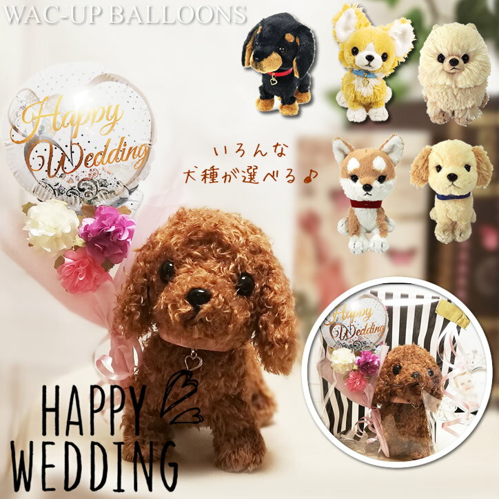 結婚式 バルーン電報 花束 犬 チワワ トイプードル ミニチュアダックス ポメラニアン ゴールデンレトリバー コーギー シーズー 柴犬 結婚式レースホワイト花束付ぬいぐるみPUPS