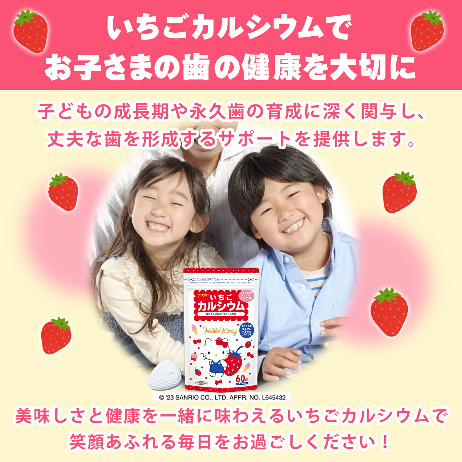 いちごカルシウム2袋セット タブレット いちご味 120粒 約2か月分 | カルシウム 子供 高齢者 栄養機能食品 栄養補助食品 1日2粒で牛乳1本分のカルシウム ビタミンD ビタミンD配合 いちご イチゴ味 健康 生活 睡眠 牛乳 栄養 子供 大人ワダカルシウム　身長 成長期 2