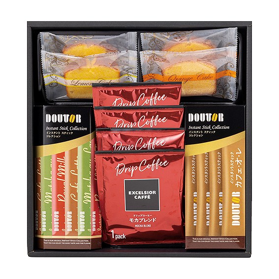 内容/エクセルシオールカフェドリップコーヒー（モカブレンド）×4・ドトールインスタントスティック抹茶オレ×2・ドトールインスタントスティックカフェラテ×2・ドトールインスタントスティックロイヤルミルクティー×2・ドトールインスタントスティックカフェオレ×4・カットケーキ（レモン）×2・カットケーキ（オレンジ）×2《卵・乳・小麦》 賞味期限:常温1年