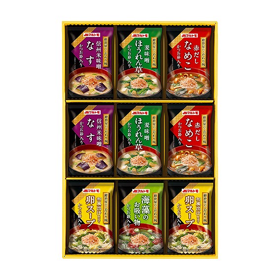 内容/みそ汁なす:8.5g×2・みそ汁なめこ:6.6g×2・みそ汁ほうれん草:8.7g×2・スープ（卵）:7.6g×2・海藻のお吸い物:4g×1《卵・小麦》 賞味期限:常温1年6ヶ月