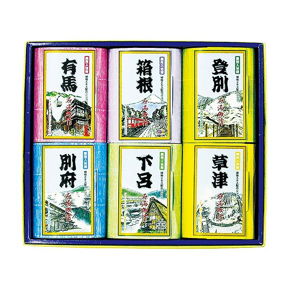 内容/入浴剤（有馬）:25g×3包×1・入浴剤（箱根）:25g×3包×1・入浴剤（登別）:25g×3包×1・入浴剤（別府）:25g×3包×1・入浴剤（下呂）:25g×3包×1・入浴剤（草津）:25g×3包×1