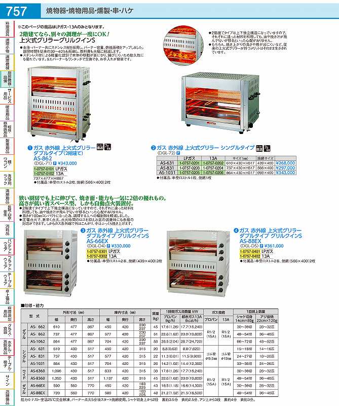 ガス赤外線上火式グリラーシングルタイプ AS−631　　13A DGL722