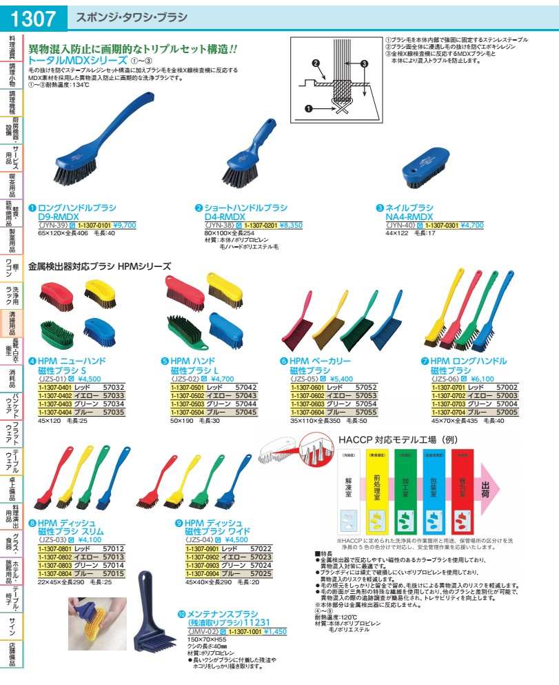 ●間口×奥行×全長(mm):80×100×254●材質:本体/ポリプロピレン・毛/ハードポリエステル毛●耐熱:134℃異物混入防止に画期的なトリプルセット構造!!●毛の抜けを防ぐステープル&レジンセット構造に加えブラシ毛を金検X線検査機に反応するMDX素材を採用した異物混入防止に活気的な洗浄ブラシです。1.ブラシ毛を本体内部で強固に固定するステンレステープル2.ブラシ面全体に浸透し毛の抜けを防ぐエポキシレジン3.金検X線検査機に反応するMDXブラシ毛と本体により混入トラブルを防止します。