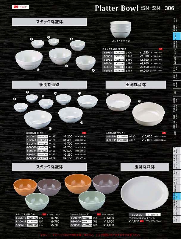 福井クラフト　メラミン）径190スタック丸盛鉢　白グロス　75005990　やすらぎ　Vol．35