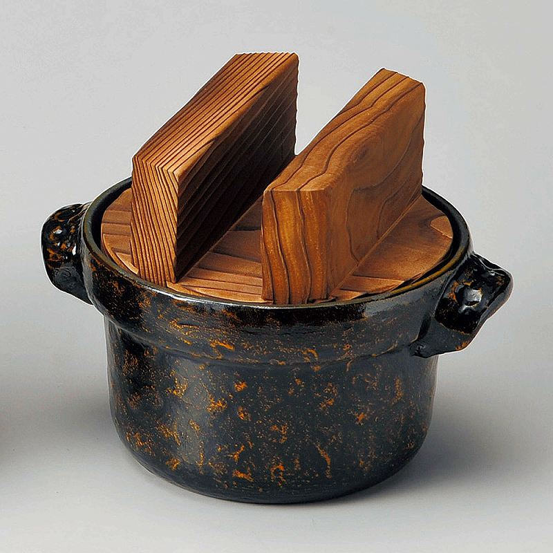 陶里 第31集 2合炊ごはん鍋（黒アメ釉）フッ素・白木蓋 70828-841