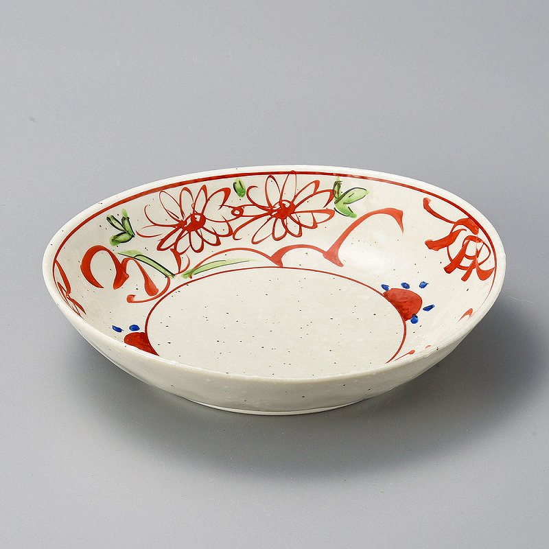 陶里 第31集 粉引手書赤絵花楕円7.0深皿 46117-071