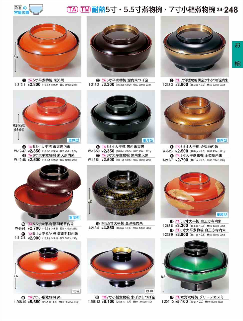 若泉漆器 5寸平煮物椀 溜内朱つば金 1-212-2 割烹漆器 No.34