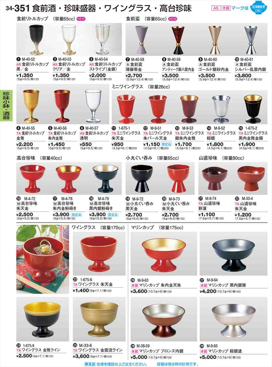 若泉漆器 ワイングラス 朱天金 1-675-6 割烹漆器 No.34