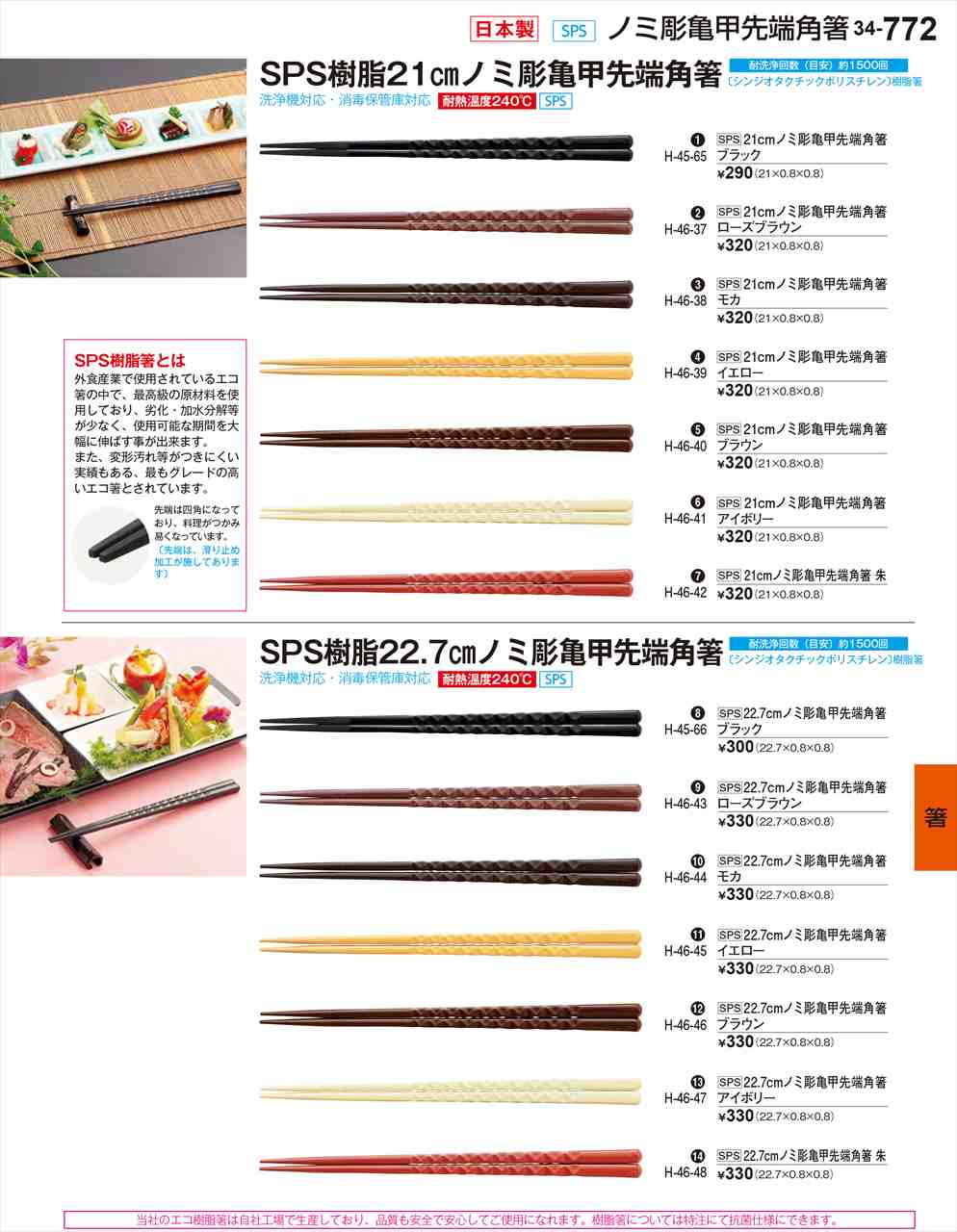 若泉漆器 21cmノミ彫亀甲先端角箸 朱 H-46-42 割烹漆器 No.34