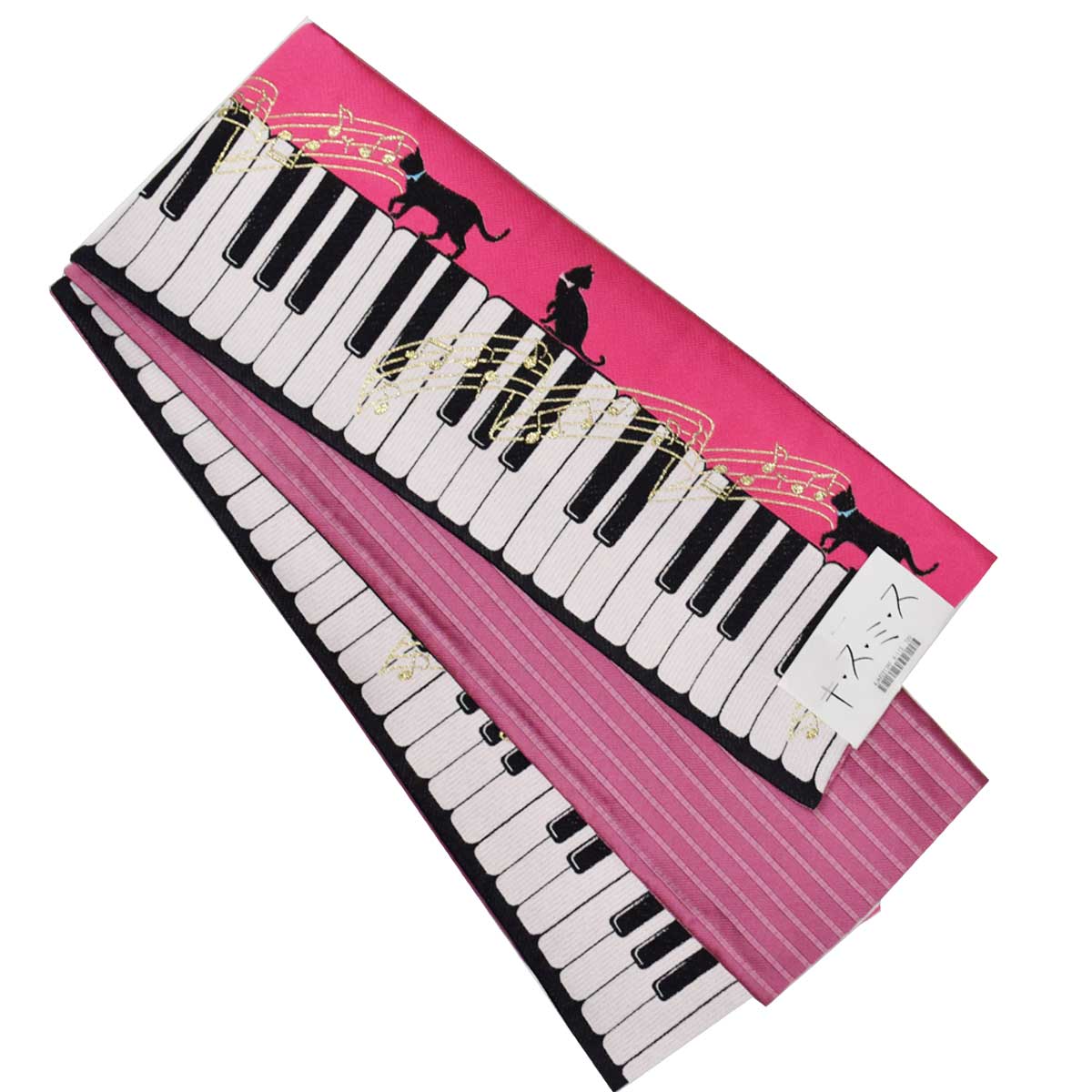 【キスミス】 半幅帯 洗える帯 ピアノ 鍵盤 猫 音符 ピンク番号h1220-300