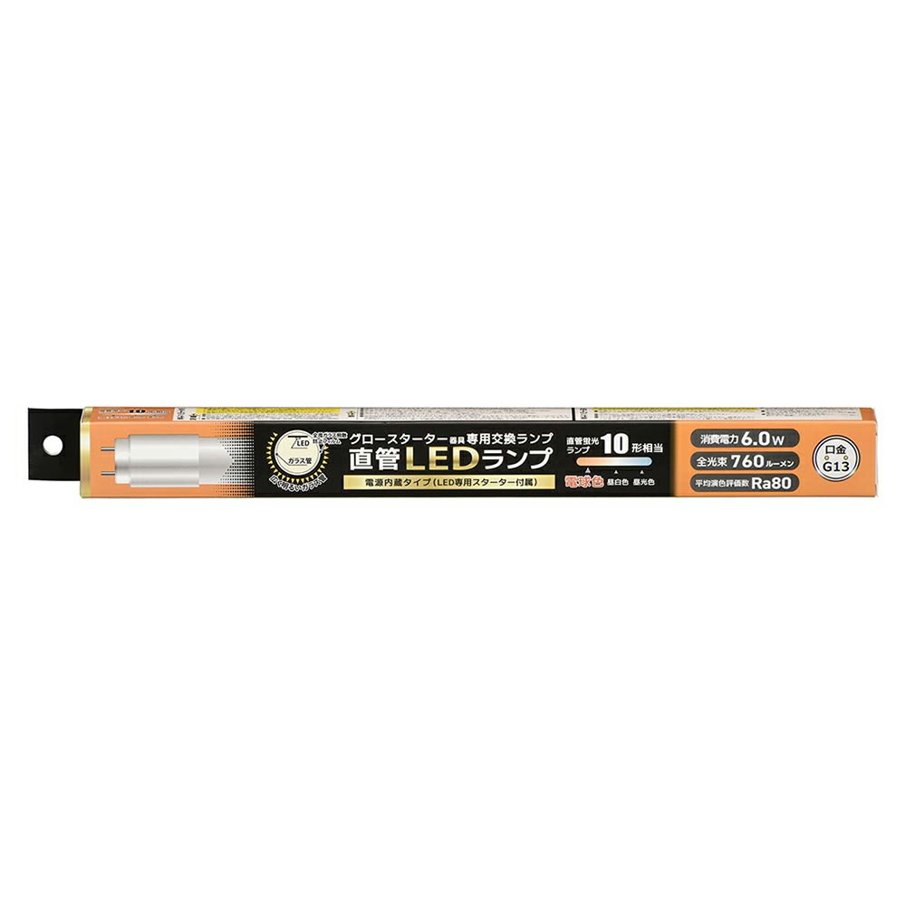 メーカー：OHM ELECTRIC INC / 株式会社オーム電機 ● 片側給電仕様 ■ 寸法：全長…330mm、外径…28mm ■ 質量：約74g ■ 定格入力電圧：AC100V ■ 周波数：50Hz/60Hz ■ 定格消費電力：6.0W ■ 定格入力電流：105mA ■ 全光束（ルーメン）：760 lm ■ 固有エネルギー消費効率：126.6 lm/W ■ 平均演色評価数：Ra80 ■ 光源色：電球色 ■ 定格寿命（時間）：40000h ■ 適応口金：G13 【ご注意】 ※ 屋内用（屋外使用禁止） ≪お買い求めの前に≫ ※ 以下のような器具には使用できません 調光機能付器具（100%点灯でも使用不可） 誘導灯、非常用照明器具 直流電源 ※ このほかに使用器具の種類によって寸法的、熱的、その他の状況（リモコン機器のついた器具など）により使用できない場合があります。 ※ ご使用になられる照明器具の構造によっては、放熱不良で短寿命となることがあります。 ※ 密封器具でのご使用の場合、器具の大きさにより、使用できない場合や寿命が短くなる場合があります。 ≪使用上のご注意≫ ※ 専用器具及び銅鉄式安定器のグロースターター器具のみ直接使用が可能です。チラツキが発生した場合、あるいはラピッドスターター器具、インバーター器具、電子スタート方式器具の場合には直接使用することができません。 ※ グロースターター器具以外に使用する場合の工事は必ず工事店、電気店などの有資格者に依頼してください。一般の方の工事は禁止されています。 ※ 人感スイッチなど自動点滅装置や遅れ停止スイッチなどには使用できません。 ※ 複数灯式器具に使用する場合は、すべて同一の直管LEDランプに交換してください。 ※ 交流100V、周波数50/60Hz以外の電源では使用しないでください。 関連キーワード ランプ LEDランプ LED電球 LED蛍光灯 蛍光ランプ スタータ形　工事不要 工事必要　LDF10SS・L/6/7 7　FL10■特徴 グロースタータ器具専用の交換ランプです。（専用スタータ付属） ※10形、15形、20形に付属するダミースタータはE形（E17　ネジ形）になります。 10形、15形、20形の器具でグロースタータ（点灯管）にP形（ピンタイプ）を使用している器具は電気工事が必要になります。 グロースタータ器具以外でもご使用いただけます。その場合は電気工事士による工事が必要です。 ※上図の配線によりランプの取り付け方向がなくなります。どちらの方向でランプを取り付けてもドライバーヘ電源が供給されます メーカー：OHM ELECTRIC INC / 株式会社オーム電機 ● 片側給電仕様 ■ 寸法：全長…330mm、外径…28mm ■ 質量：約74g ■ 定格入力電圧：AC100V ■ 周波数：50Hz/60Hz ■ 定格消費電力：6.0W ■ 定格入力電流：105mA ■ 全光束（ルーメン）：760 lm ■ 固有エネルギー消費効率：126.6 lm/W ■ 平均演色評価数：Ra80 ■ 光源色：電球色 ■ 定格寿命（時間）：40000h ■ 適応口金：G13 【ご注意】 ※ 屋内用（屋外使用禁止） ≪お買い求めの前に≫ ※ 以下のような器具には使用できません 調光機能付器具（100%点灯でも使用不可） 誘導灯、非常用照明器具 直流電源 ※ このほかに使用器具の種類によって寸法的、熱的、その他の状況（リモコン機器のついた器具など）により使用できない場合があります。 ※ ご使用になられる照明器具の構造によっては、放熱不良で短寿命となることがあります。 ※ 密封器具でのご使用の場合、器具の大きさにより、使用できない場合や寿命が短くなる場合があります。 ≪使用上のご注意≫ ※ 専用器具及び銅鉄式安定器のグロースターター器具のみ直接使用が可能です。チラツキが発生した場合、あるいはラピッドスターター器具、インバーター器具、電子スタート方式器具の場合には直接使用することができません。 ※ グロースターター器具以外に使用する場合の工事は必ず工事店、電気店などの有資格者に依頼してください。一般の方の工事は禁止されています。 ※ 人感スイッチなど自動点滅装置や遅れ停止スイッチなどには使用できません。 ※ 複数灯式器具に使用する場合は、すべて同一の直管LEDランプに交換してください。 ※ 交流100V、周波数50/60Hz以外の電源では使用しないでください。 ≪オーム電機　LED蛍光灯　グロースターター器具用 片側給電仕様　屋内用≫ ワット区分 品番 光色 10形相当6.0W LDF10SS・L/6/7 7 電球色 LDF10SS・N/6/8 7 昼白色 LDF10SS・D/6/8 7 昼光色 15形相当8.0W LDF15SS・L/8/10 7 電球色 LDF15SS・N/8/11 7 昼白色 LDF15SS・D/8/11 7 昼光色 20形相当10.0W LDF20SS・L10/13 7 電球色 LDF20SS・N/10/14 7 昼白色 LDF20SS・N10/14 72P(2本入) LDF20SS・D/10/14 7 昼光色 LDF20SS・D/10/14 72P(2本入) 40形相当18.0W LDF40SS・L18/24 7 電球色 LDF40SS・N/18/26 7 昼白色 LDF40SS・D/18/26 7 昼光色
