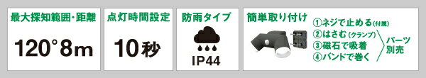 ムサシ　RITEX　LED乾電池シンプルスタイルセンサーライト　4.5W×2灯　明るさ切りかえ機能付き（520lm/260lm）　防雨タイプ　IP44　屋内・屋外兼用　人感センサー　高輝度　明るさ切替　防犯灯　お出迎え灯　軒下灯　単1形アルカリ乾電池3本使用（別売）　LED-CY260