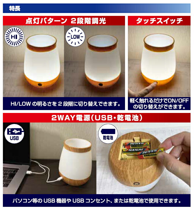 ELPA 小物が入るライト 白色LED 2段階調光 単三形乾電池×3本(別売)/USBケーブルの2WAY電源 PM-LP101 [2]