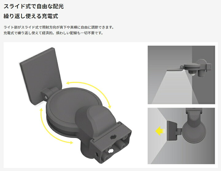 ムサシ　RITEX　スライド型LED充電式センサーライト　USB充電　5W×1灯　400lm(最大...