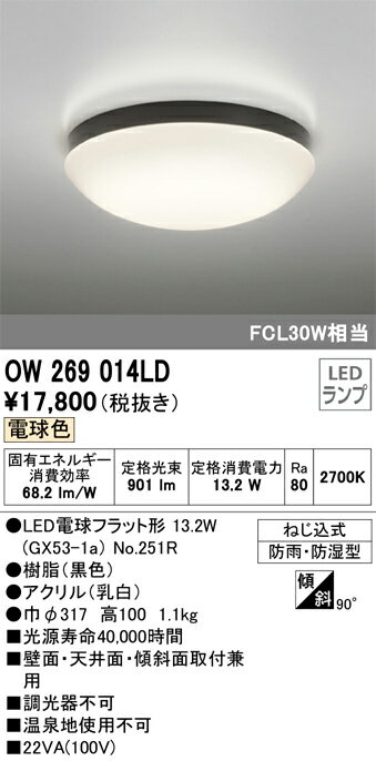 ODELIC　バスルームライト（浴室灯）　電球色　LEDランプ付き　OW269014LD 2