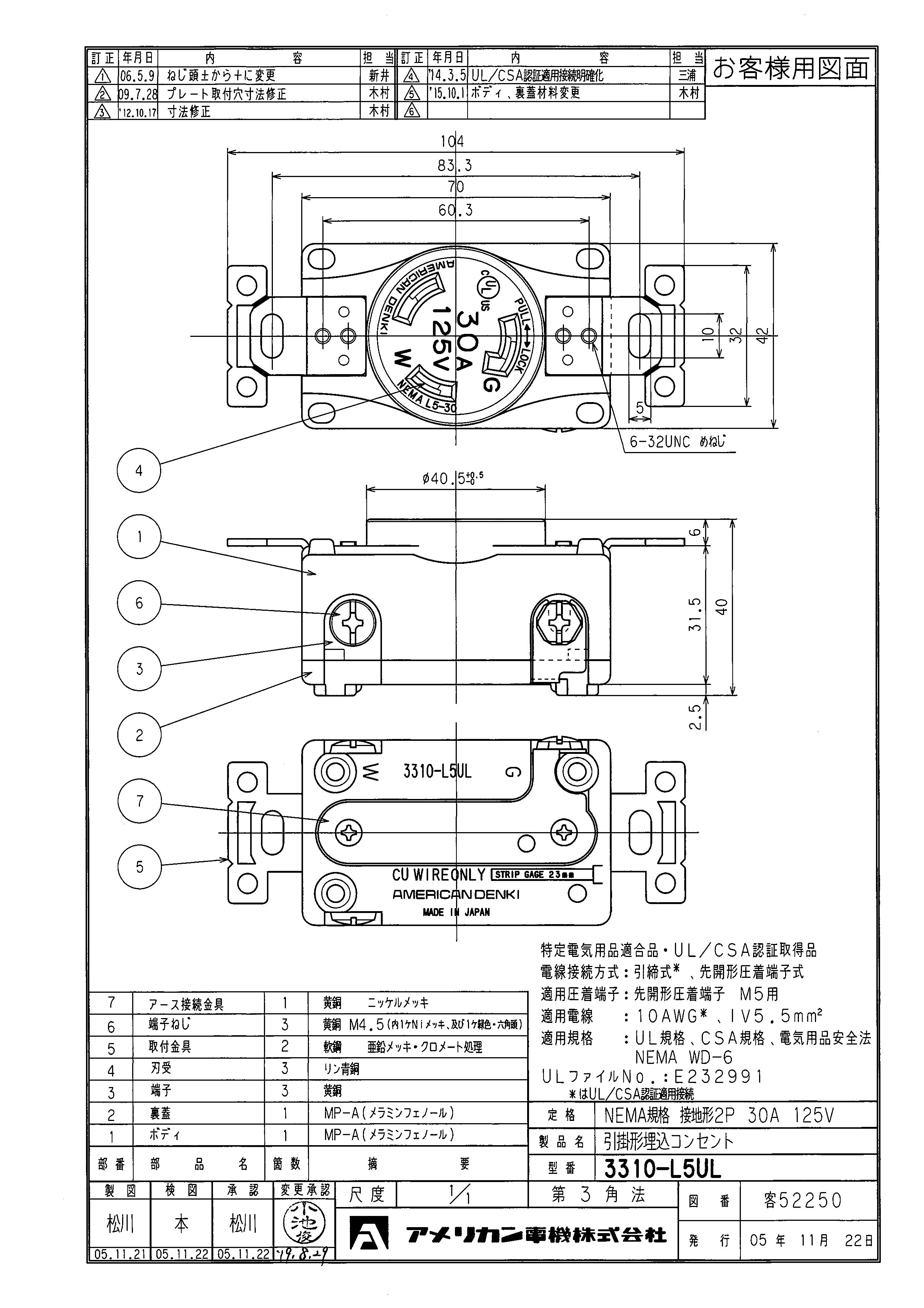 アメリカン電機　接地形2P 30A 125V　引掛形UL／CSA規格埋込コンセント　3310L5UL