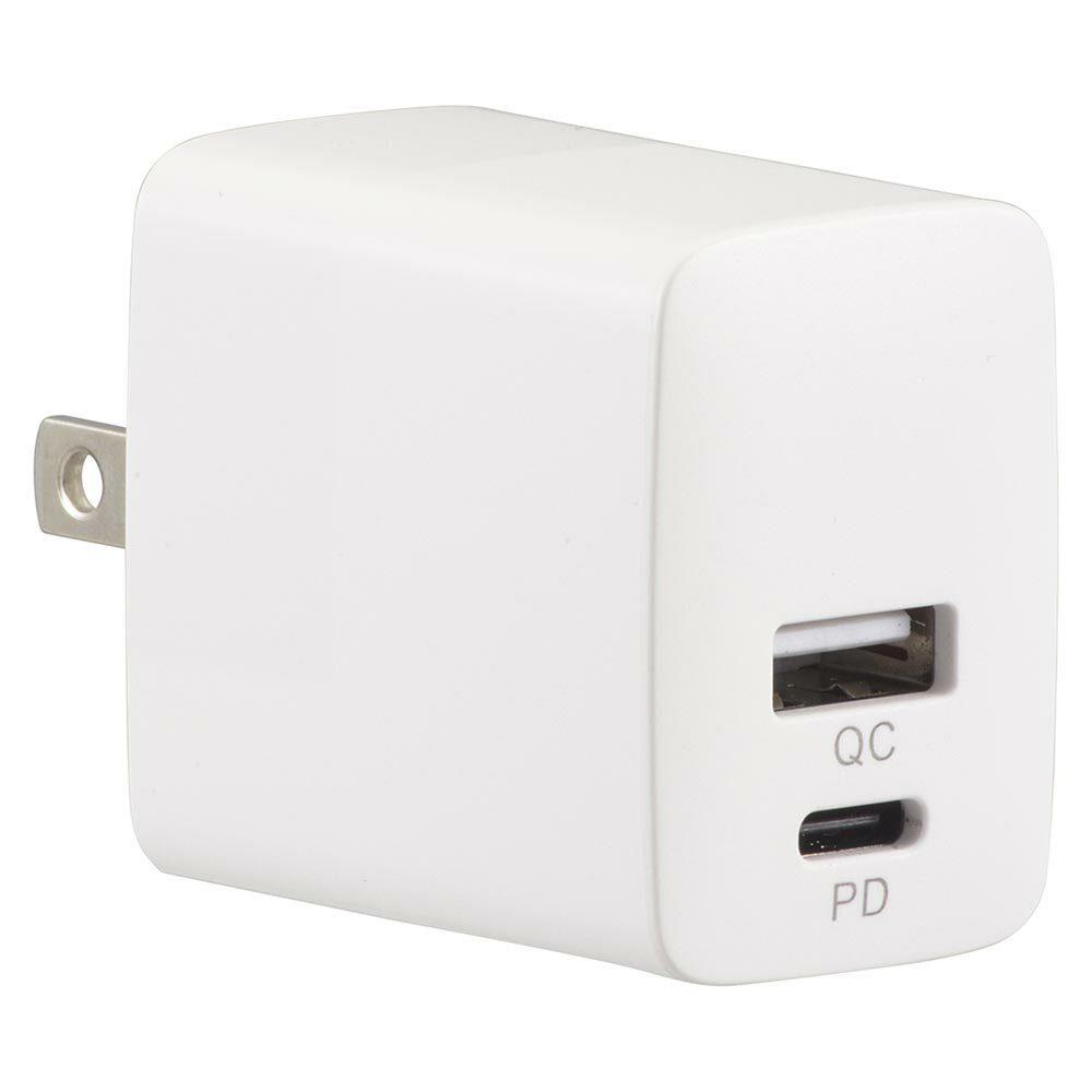 オーム電機　AC充電器　Type-C（PD対応）　Type-A（QC3.0対応）　MAX20W出力　ホワイト（白）　TypeC　TypeA　USB　MAV-AQP20W-W (01-7172)