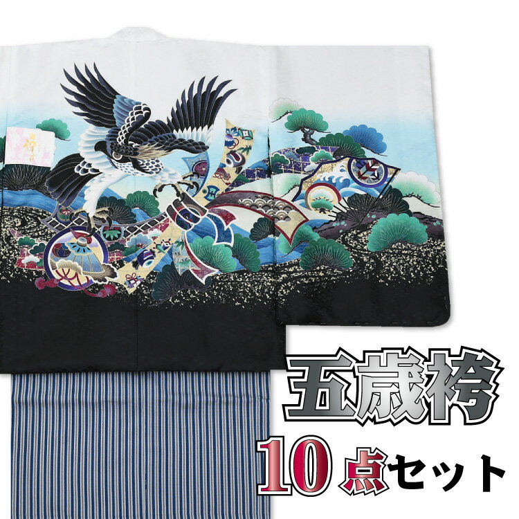 楽天和ごころ　きもの屋49800 羽織袴5歳 お祝い着 10点 豪華セット 【 化粧箱付き 】 七五三 5歳 フルセット着物セット 袴セット《 お正月 祝着 》 購入 販売 男児 着物 袴 小物セット アンサンブル 古典 753 レトロ 五歳 男の子 子供 縞袴 7歳 g-hkm165（1）