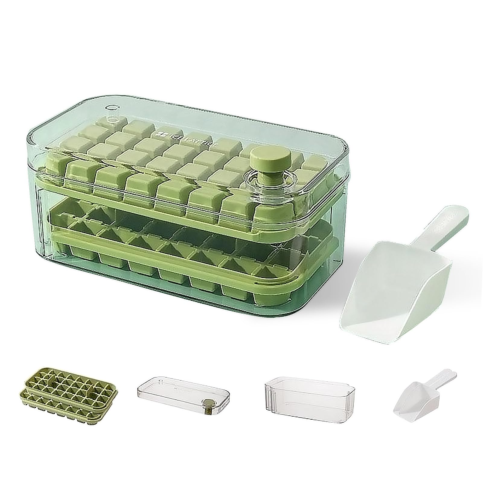 製氷皿 製氷機 氷 製氷器 ワンプシュ 取り出し易い 小粒 水筒に入る 製氷＋保存 二重機能 製氷皿2枚 アイススコップ 付属 小型製氷機 氷皿 氷作る 容器 大きい氷 ウイスキー ゼリー飲料 果物 透明氷 冷凍 取り出しやすい 家庭用 キッチン用品 (