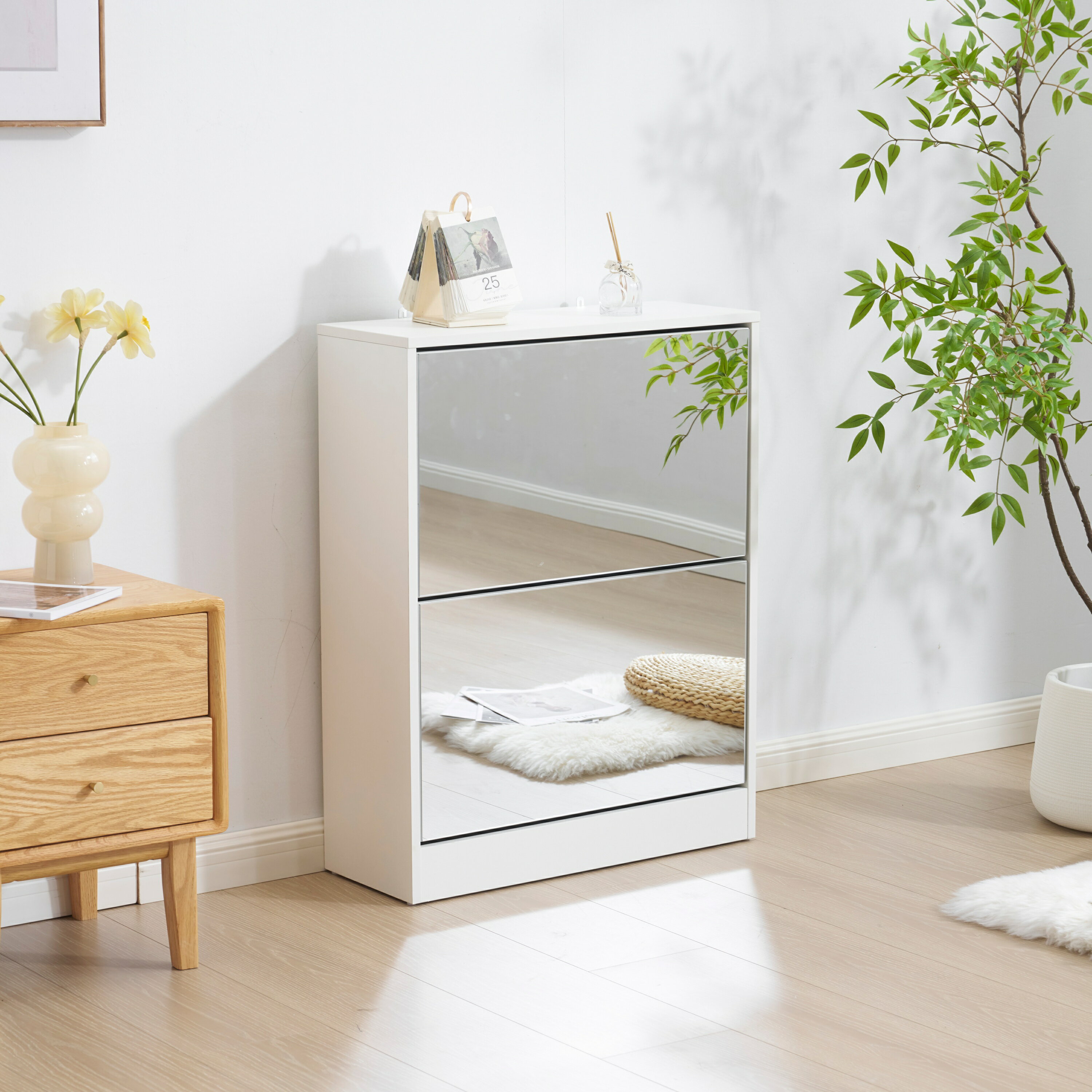 【鏡タイプ】下駄箱2段 シューズラック 玄関収納 ひとり暮らし スリムタイプ 靴収納ラック 靴収納棚 倒..