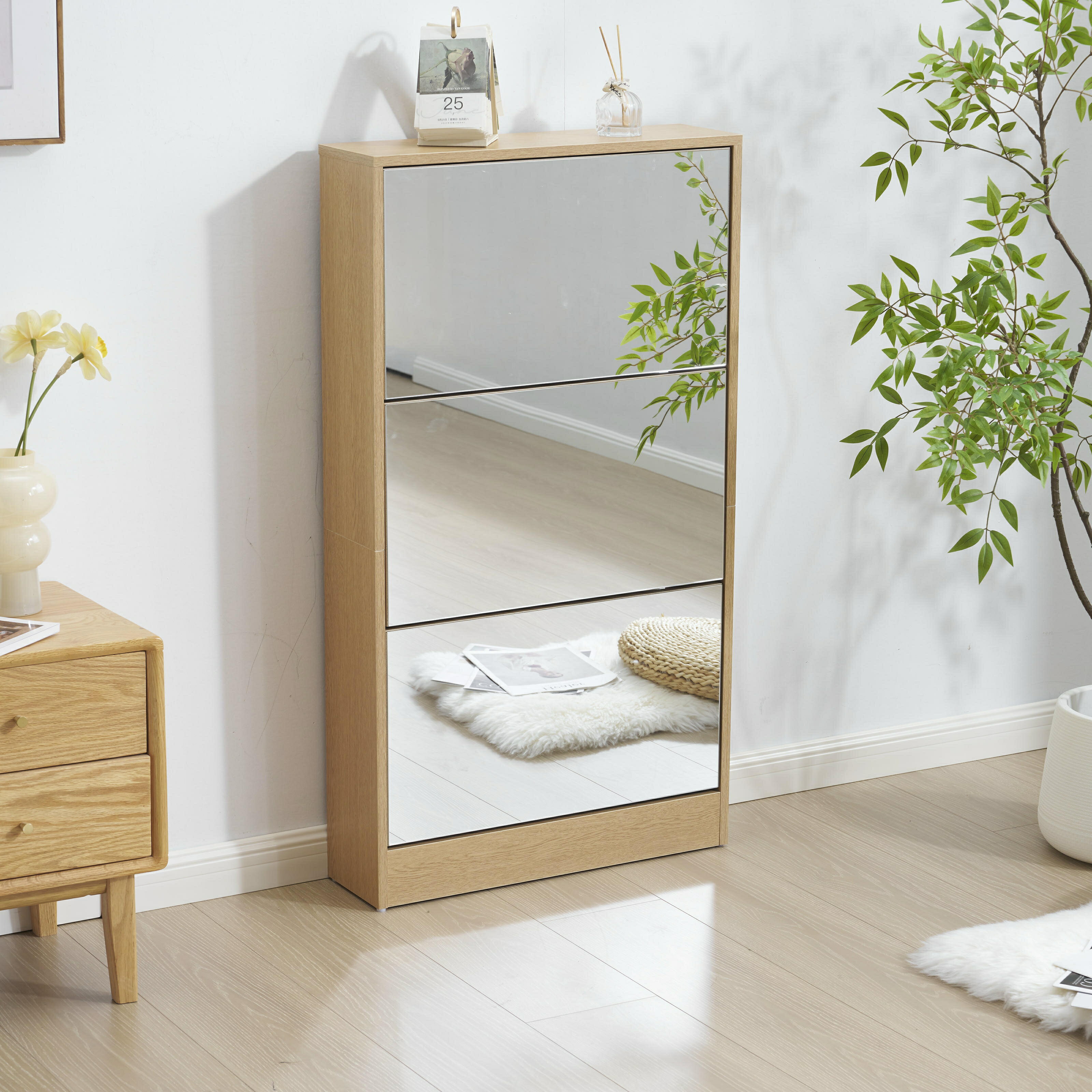 【鏡タイプ】下駄箱3段 シューズラック 玄関収納 ひとり暮らし スリムタイプ 靴収納ラック 靴収納棚 倒..