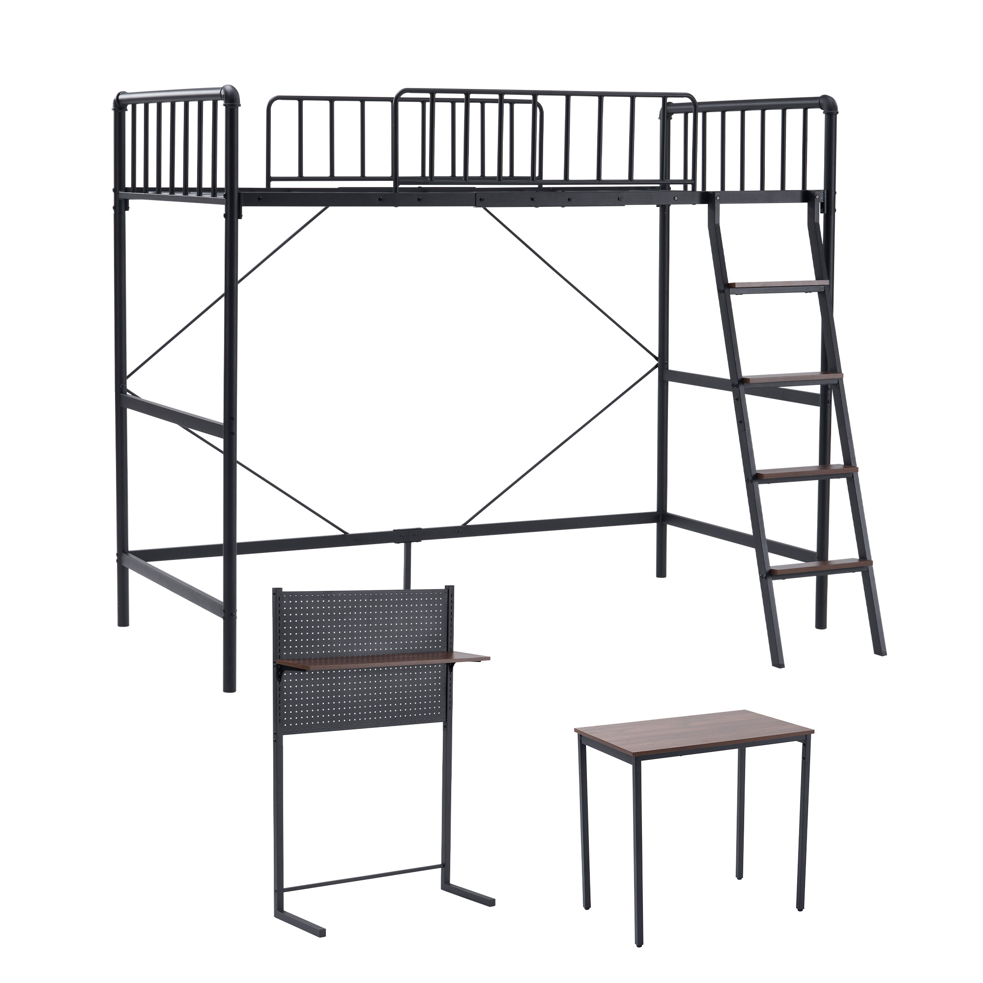 【ブラック】システムベット ロフトベッド シングルパンチングボード 収納付き デスク付き 棚付き 北欧..