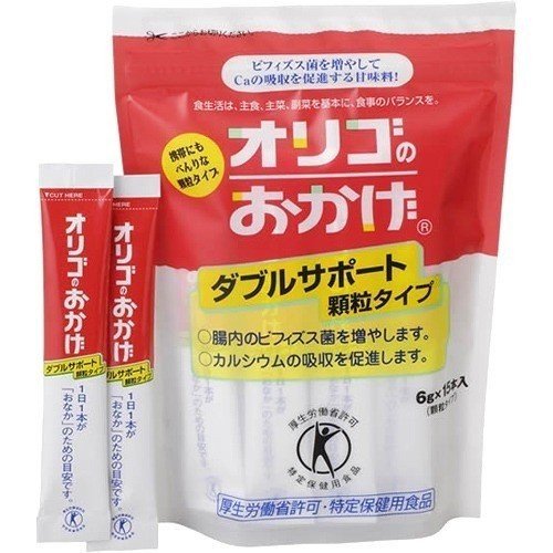 オリゴのおかげダブルサポート 顆粒/砂糖・甘味料 ブランド：オリゴのおかげ 【発売元、製造元、輸入元又は販売元】 パールエース/(/F245701/F206803/) 【オリゴのおかげダブルサポート 顆粒の商品詳細】 ●オリゴのおかげダブルサポートは、私たちの腸内に棲んでいるビフィズス菌を増やし 日本人に不足しがちなカルシウムの吸収を促進します。 ●サトウキビと牛乳から生まれた自然でおいしい甘さ。お砂糖と同じようにお使いください。 【商品詳細】 内容量：6g×15本 1日分:1-2包 サイズ:135×195×40(mm) オリゴ糖の顆粒タイプ。コーヒーや紅茶にサッと溶けます。 【メール便送料無料 】 ■メール便配送の為、代引き不可 ■メール便の為、出荷後の住所変更および住所不備による配達が発生する場合は 早々費用が発生する場合ございます。 【発売元、製造元、輸入元又は販売元】 パールエース/(/F245701/F206803/) 【区分】日本/健康食品　 【広告文責】 株式会社金橋 電話番号：0744-46-9511 平日（祝祭日を除く）10:00〜16:00