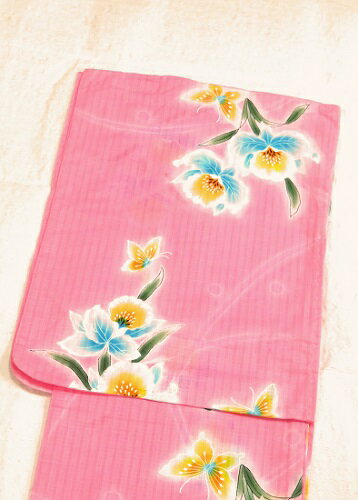 浴衣 ゆかた Fサイズ 仕立て上り浴衣 レトロ調の柄 ピンク系 トンボ 蜻蛉　花柄 裄：約66.5cm フリー ..