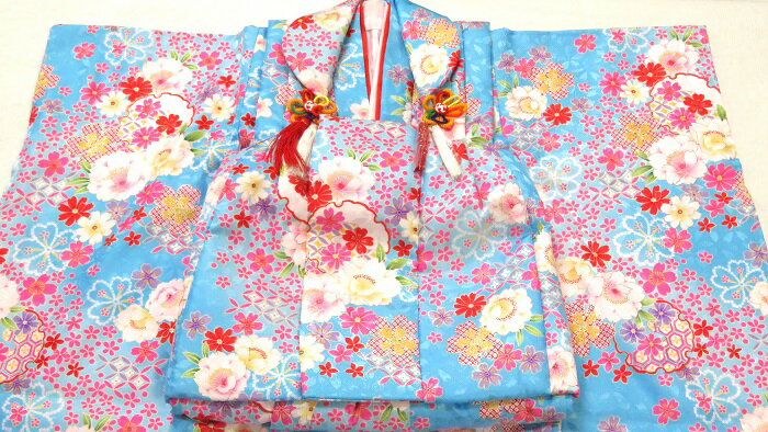 753 三歳 女の子 3歳 着物 きもの 三才 七五三着物 水色系 ブルー ひな祭り 正月 753 箱無し 雛祭り 被布 セット 巾着 髪飾り 巾着袋 メーカー...