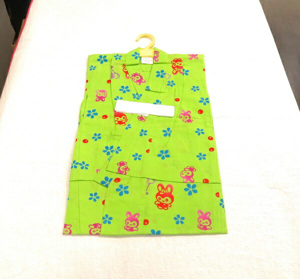 子供用 浴衣 仕立て上がり 女の子 着物　日本製 レトロ調の柄 3歳 4歳 黄緑系地 こども用 仕立て上り きもの ゆかた※店頭見切り品につき少々難有　色あせ、ヤケやキズ等がございますのでご了承ください。08