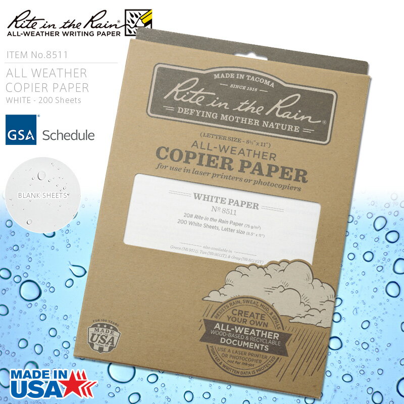 クーポンで最大15%OFF★【あす楽】Rite In the Rain ライトインザレイン 米軍使用 ALL WEATHER COPIER PAPER 防水コピー用紙 WHITE 200 Sheets（8511）【T】