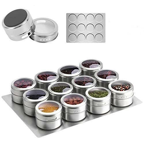 磁気スパイスジャー 12個 壁ベース付き ステンレススチール 磁気スパイス容器 マグネットスパイス容器 お手入れ簡単 錆びない