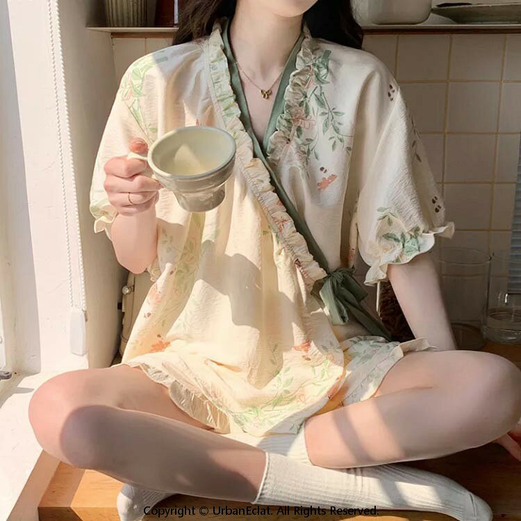 わじゃ雑貨店のルームウェア 甚平 春夏秋冬 上下セット Vネック パジャマ ダブルガーゼ 部屋着 ルームウェア 上下セット 睡眠用 軽量 可愛い シンプル 通気性 レディース おしゃれ 学生 ナイトウェア 柔らかい リラックスウェア 薄手 快適 旅行｜アングル2