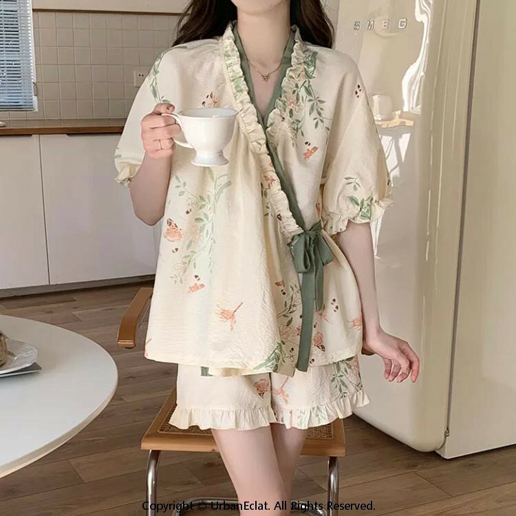 わじゃ雑貨店のルームウェア 甚平 春夏秋冬 上下セット Vネック パジャマ ダブルガーゼ 部屋着 ルームウェア 上下セット 睡眠用 軽量 可愛い シンプル 通気性 レディース おしゃれ 学生 ナイトウェア 柔らかい リラックスウェア 薄手 快適 旅行｜アングル3