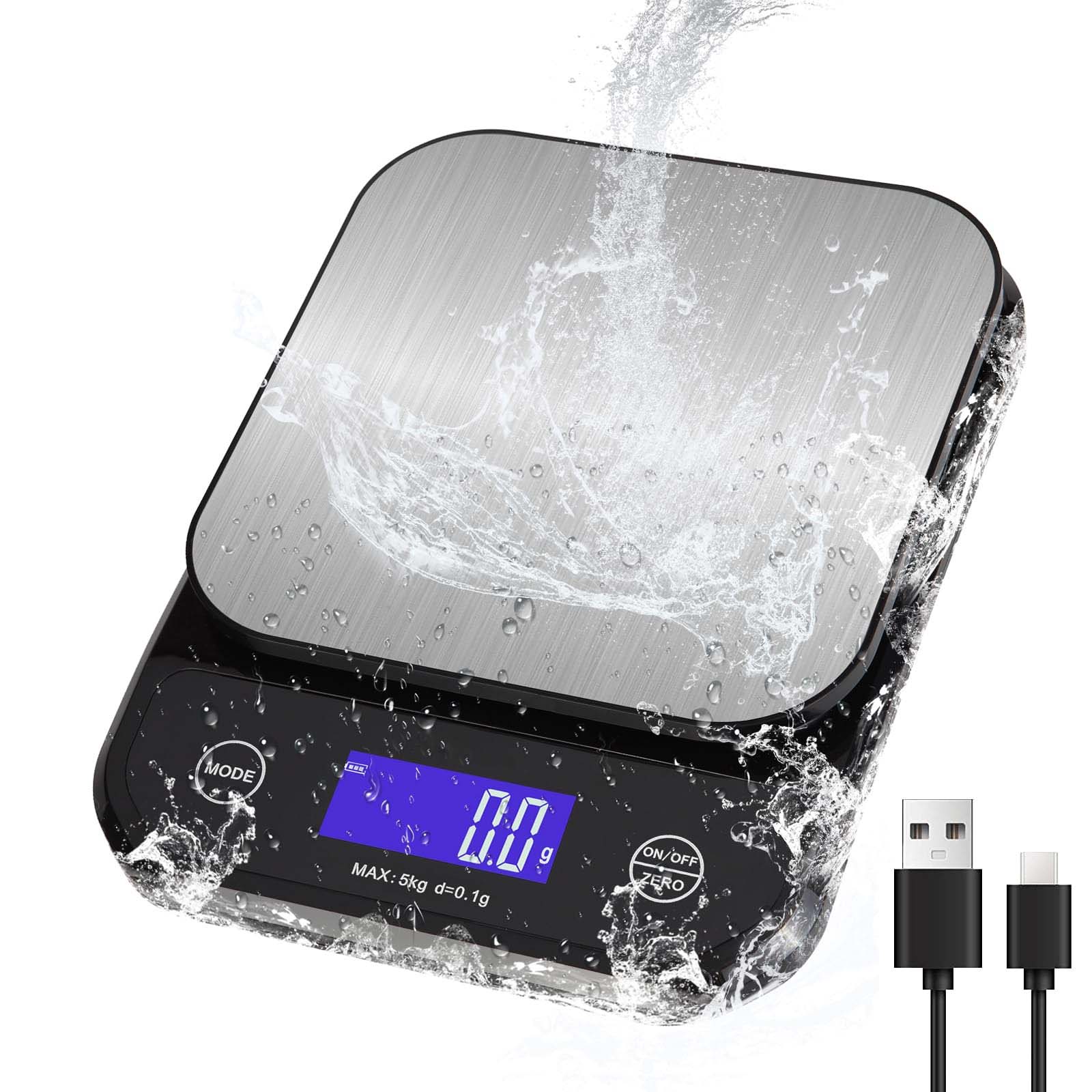 キッチン はかり 防水IP65 洗える 0.1g 5kg TYPE-C充電&乾電池 二式給電 全視角LCD タッチセンサーボタ..
