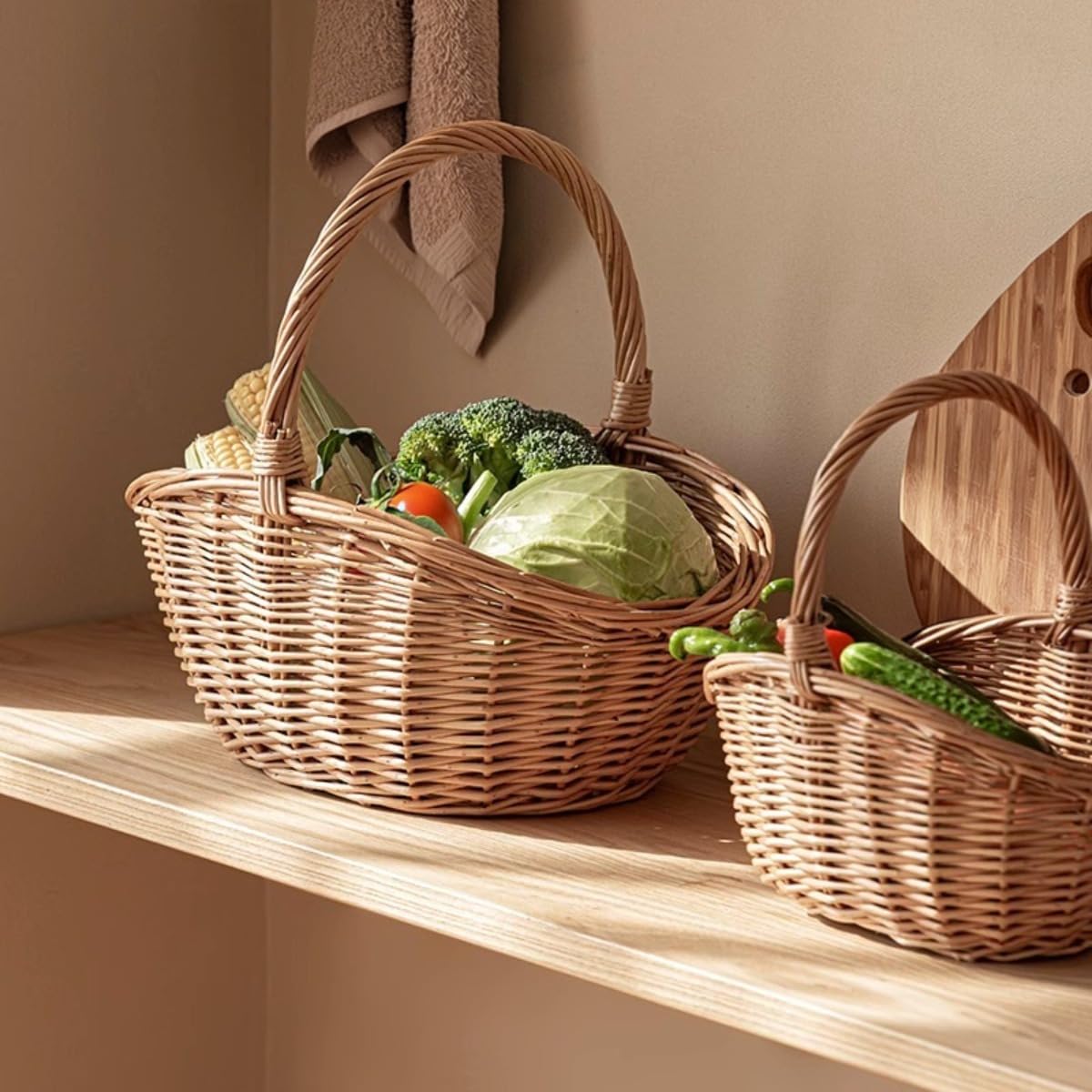 ラタン製屋外ピクニックバスケット、ラタン製楕円形収納バスケット、田園風モダンシンプルフルーツバスケット、卵バスケット (S)