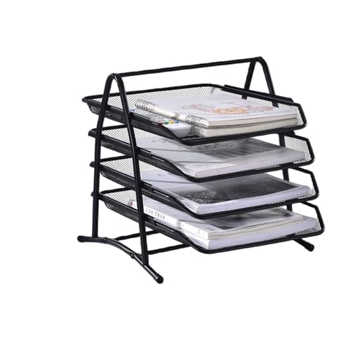 書類ラック 金属鉄網を厚くした5階建てファイルトレイ引き出し式ファイルトレイデスク4階ファイルフレーム多層資料棚ファイルシートオフィスフォルダ収納ネットデスクトップ置物棚 デスク卓上書類整理レー 雑誌/ノート/新聞/コーヒー用紙 収納整理 (ブラック) (4セグメント)