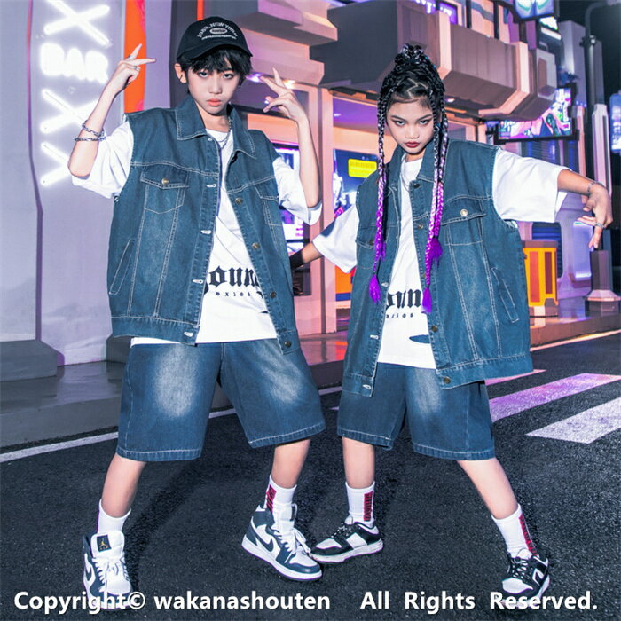 大量注文OK 半袖シャツ パンツ ヒップホップダンス衣装 トップス HIPHOP キッズ 原宿系ダンス衣装 上下 男の子 女の子 男女兼用 ガールズ ジャッズ 演出服 ダンスウェア ジュニア jazz DJ オシャレ 上下 デニムシャツ デニムジャケット デニムズボン 120-180cm