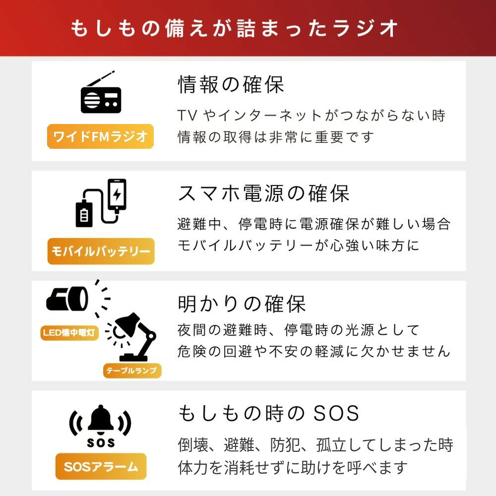 1年保証 防災ラジオ 多機能 4000mAh モバイルバッテリー ソーラー充電 手回し充電 USB充電 LEDライト テーブルライト 人感センサーライト 防犯ブザー SOSアラーム ワイドFM対応 AM FM スマホ充電 iPhone Android 日本語説明書付 ソナエルラジオ (2)